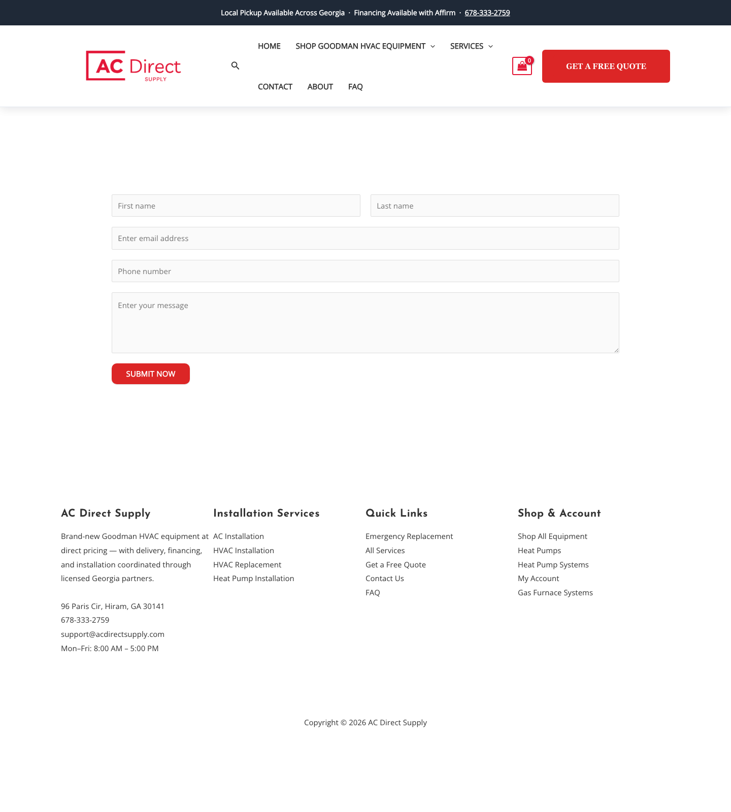 Quote-request funnel form on the live store