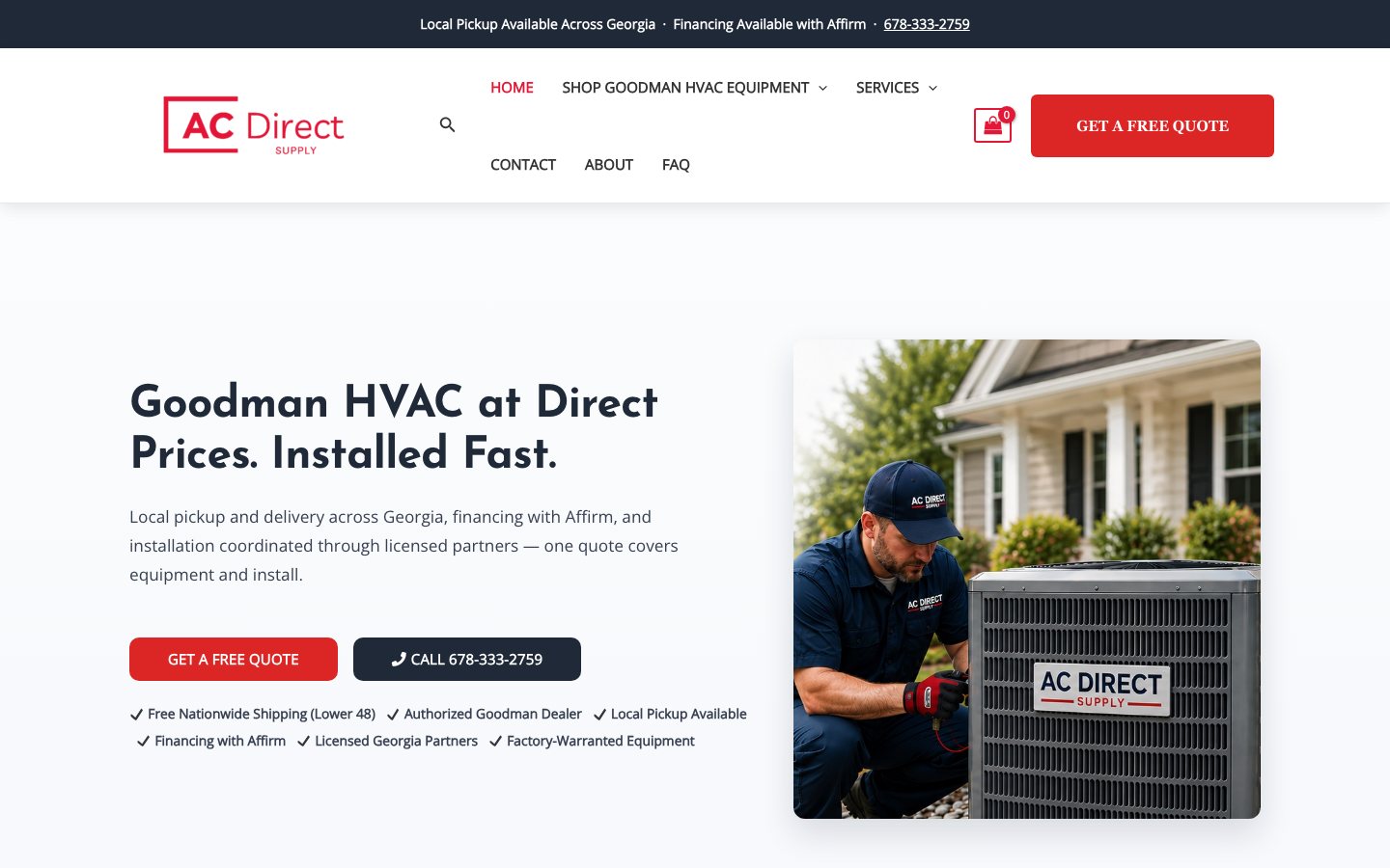 AC Direct Supply live HVAC ecommerce storefront built and operated by Meridian