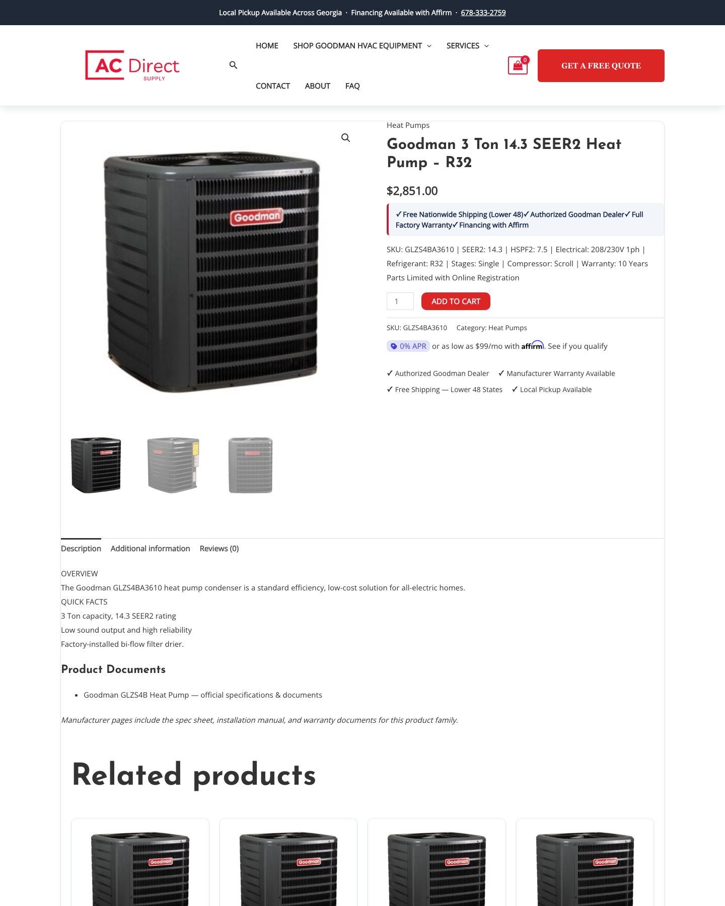 Product page with the child-theme trust row and Affirm financing on the live store