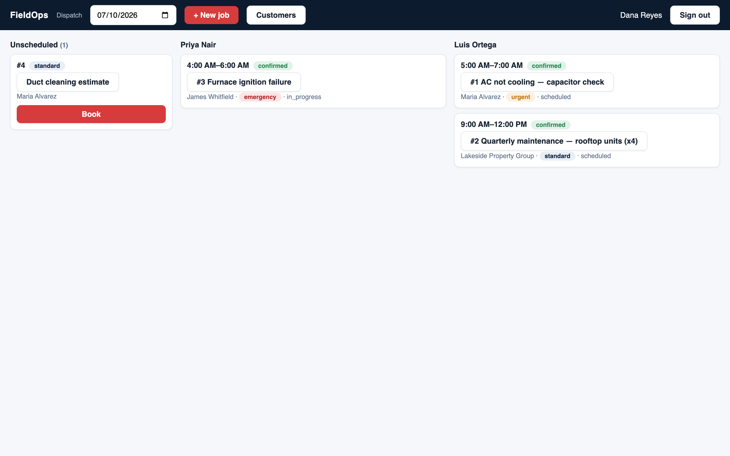 FieldOps dispatch board in the office web app, demonstration tenant