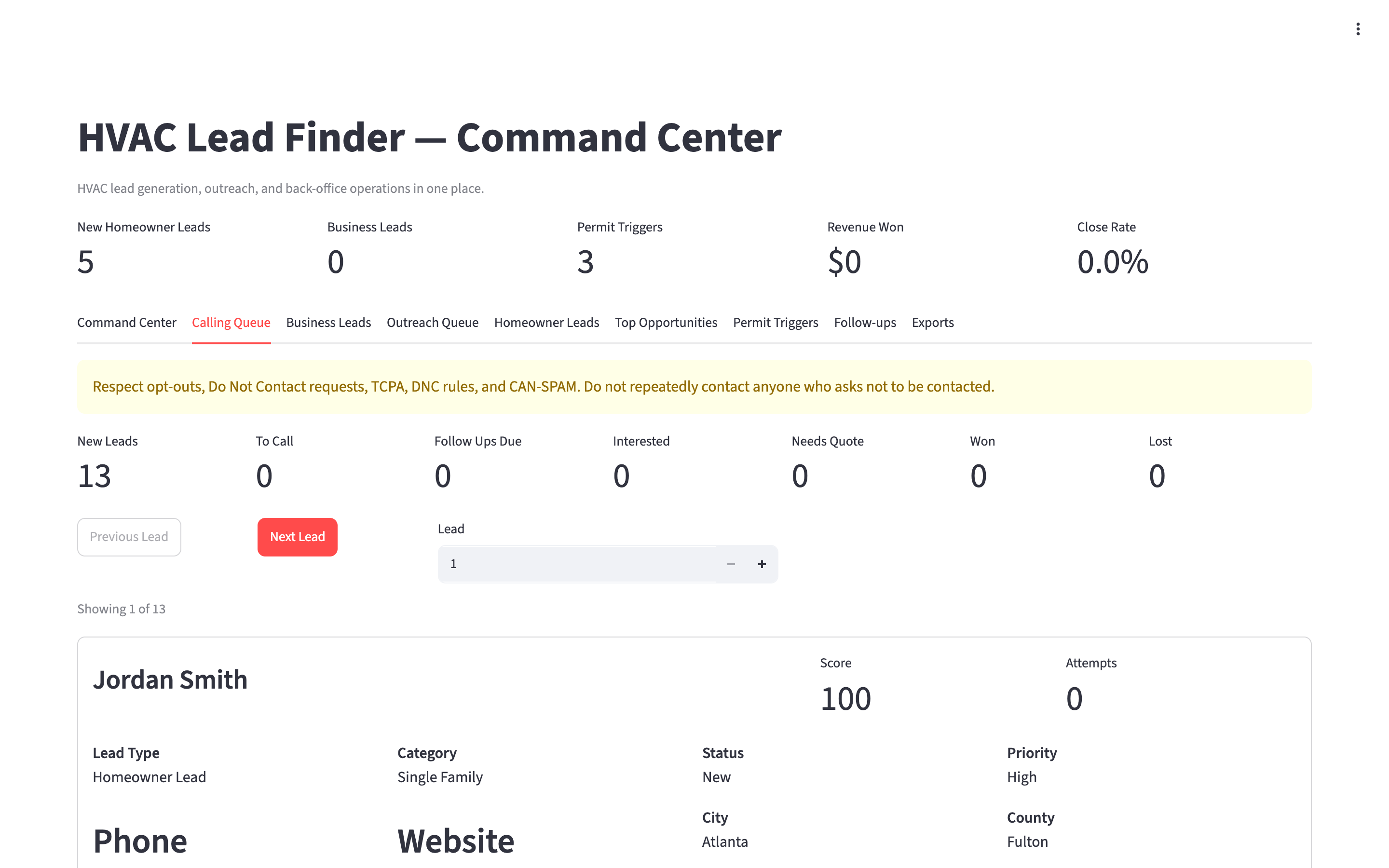 Prioritized calling queue with one-click outcome buttons, showing demo data