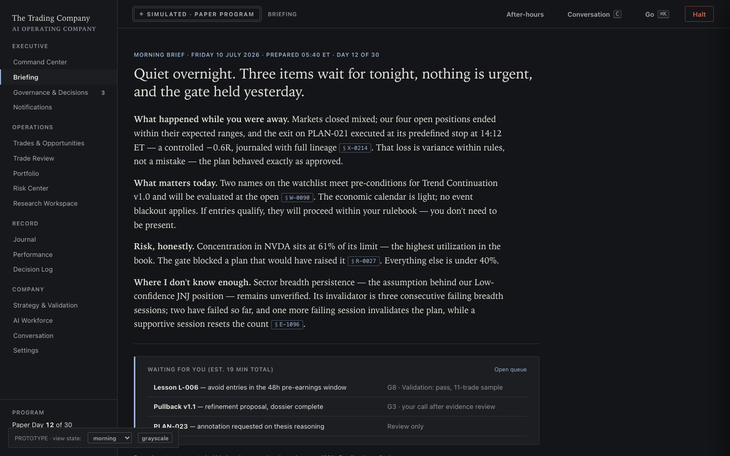 The same surface rendered in the complete after-hours dark theme, simulated data