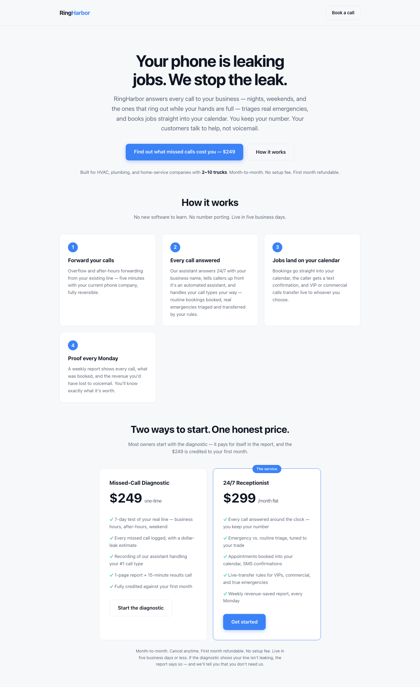 Full RingHarbor landing page — production-grade static site